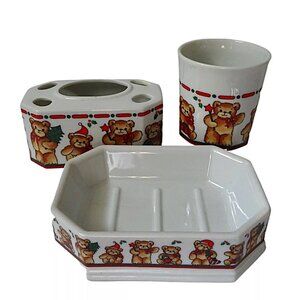 Holiday Bears 3 Piece Bathroom Set Tumbler Dish Toothbrush Hold Christmas Japan